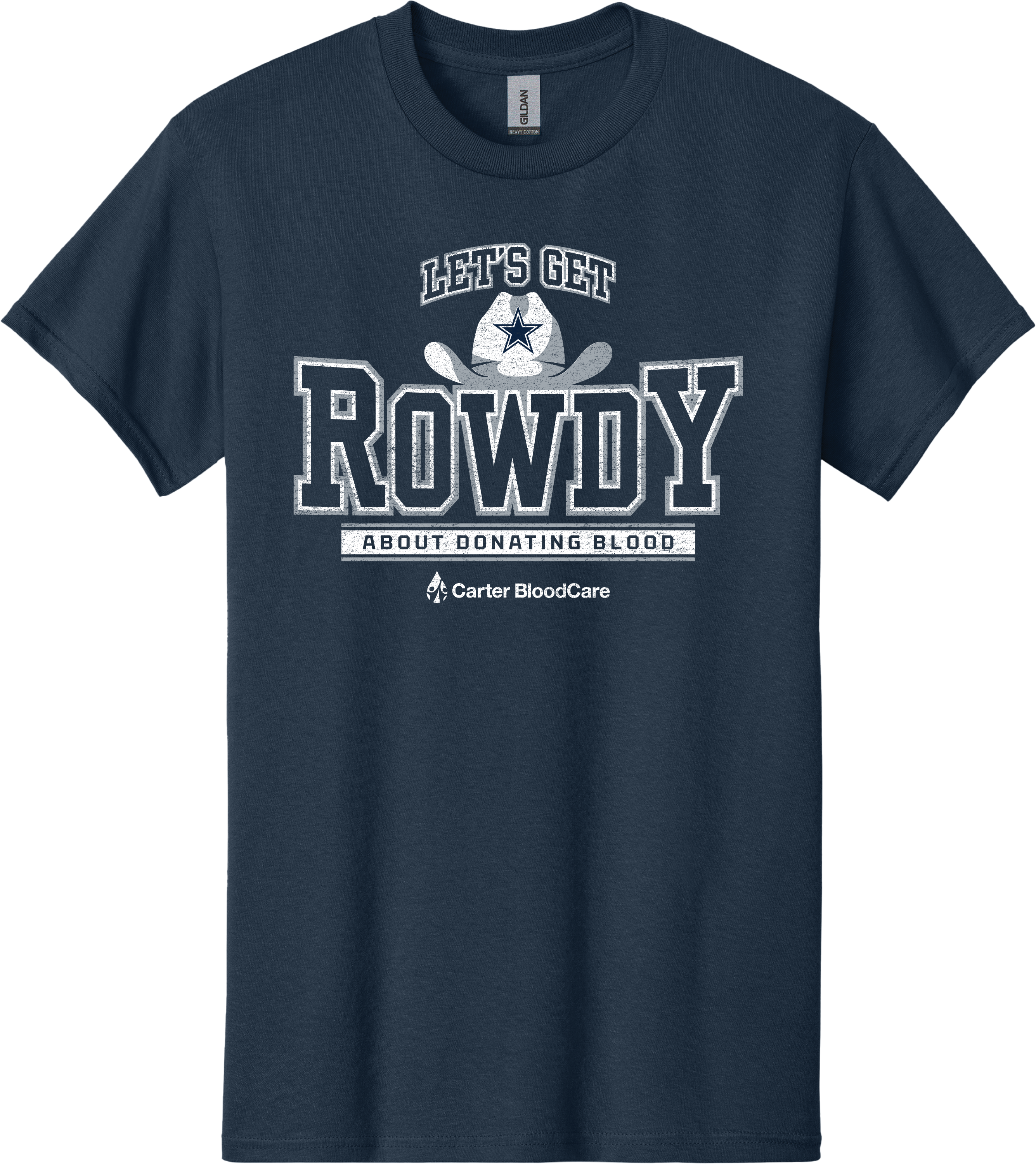 A photo of a navy blue shirt with the Dallas Cowboys star on a cowbow hat with the text "Lets Get ROWDY about donating blood"