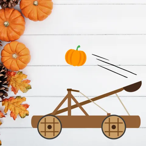 An illustration of a small catapult launching a pumpkin in the air