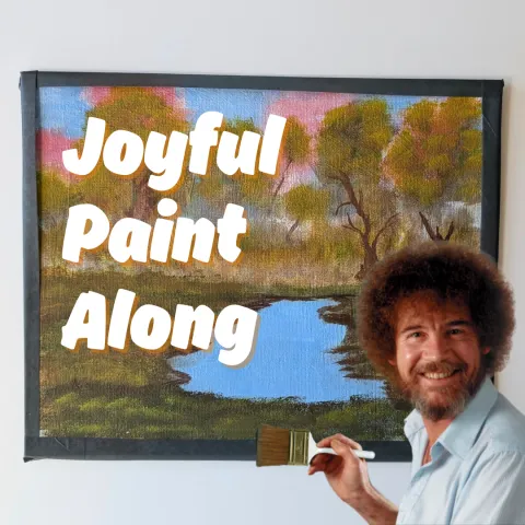 A painting of a pond with a cut-out image of the painter Bob Ross imposed over the top
