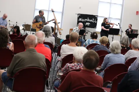 A group of string instrument musicians playing to a full audience