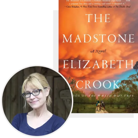 A portrait of author Elizabeth Crook with the cover of her book "The Madstone"