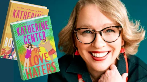 A photo of a smiling woman with glasses with two books next two her: The Love Haters and The Bodyguard