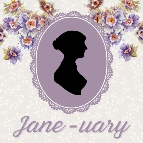 A silhouette of a Jane Austen's portrait with the text "Jane-uary"