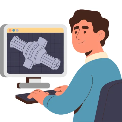 Illustration of a man in front of a computer screen with a 3D model