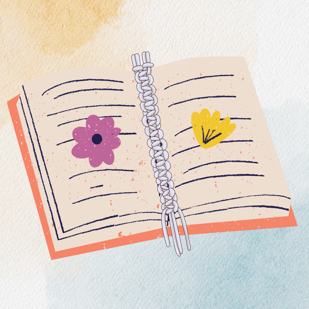Illustration of an open book with paper flowers placed on it and a macramé bookmark in the spine