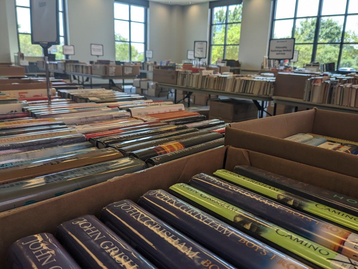 Books lined up on a table for a book sale