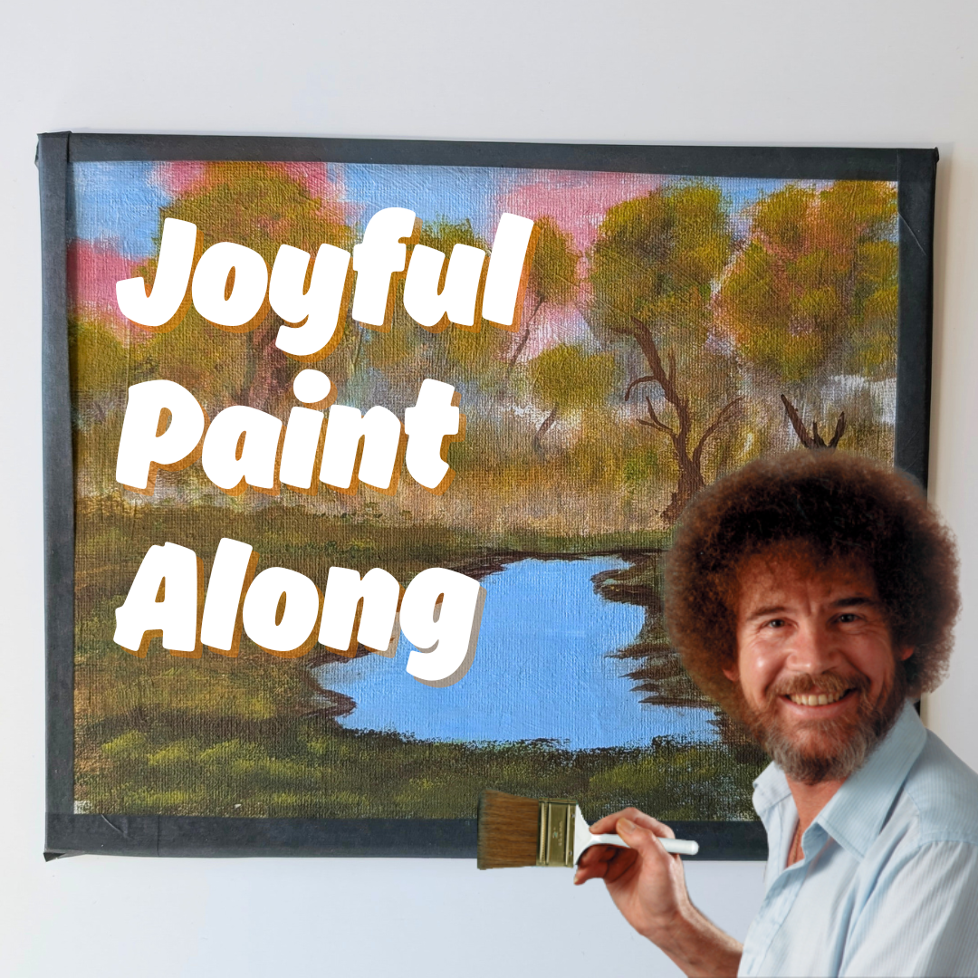 A painting of a pond with a cut-out image of the painter Bob Ross imposed over the top