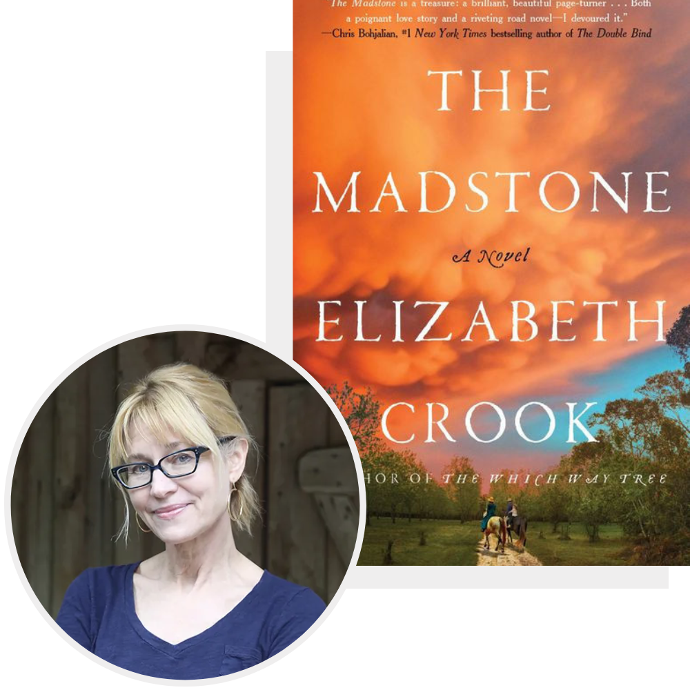 A portrait of author Elizabeth Crook with the cover of her book "The Madstone"