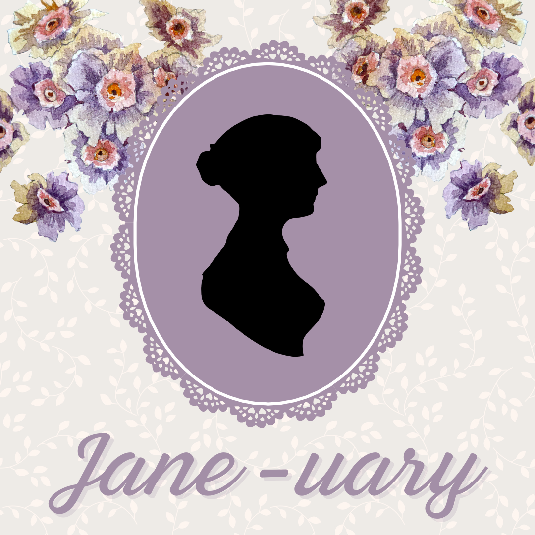 A silhouette of a Jane Austen's portrait with the text "Jane-uary"